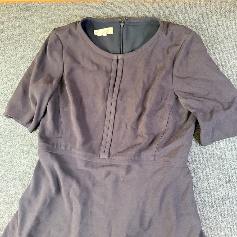 Hobbs London Fit & Flare Dress Womens 10 Navy Blue Lined Round Neck Back Zip